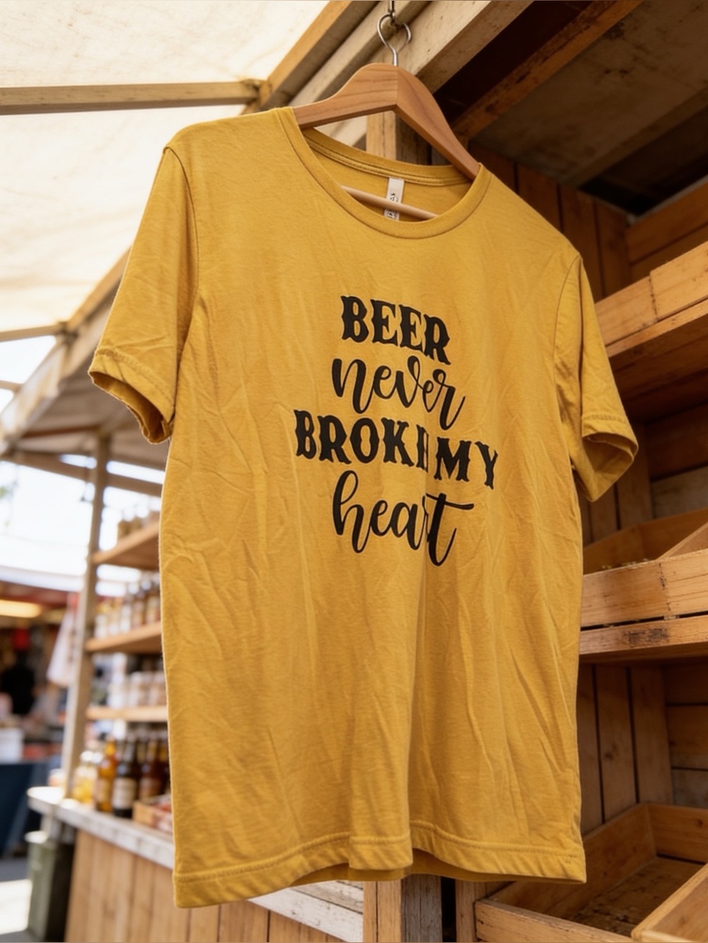 Bella Canvas | Women’s Mustard Graphic Tee -“Beer never Broke my heart” | L